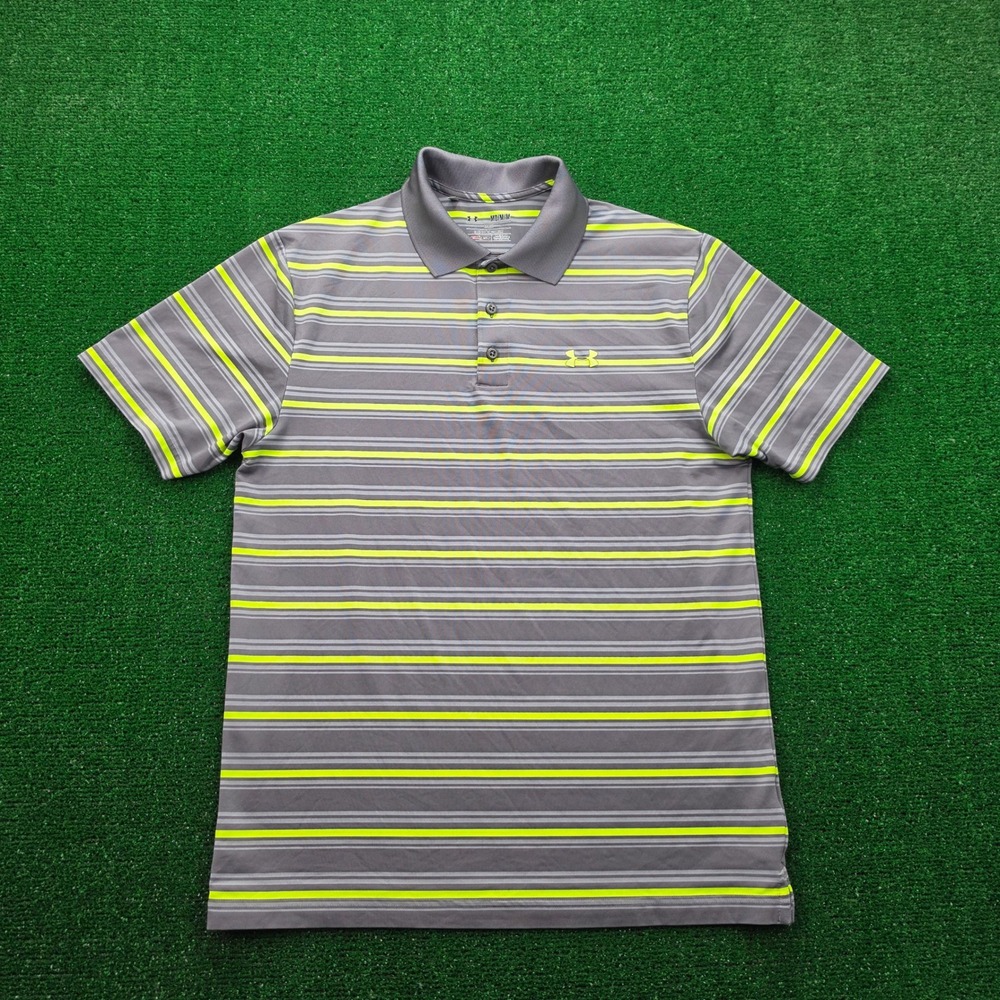 Under Armour HeatGear Polo Shirt Mens Medium Gray Green Striped Loose Fit Golf